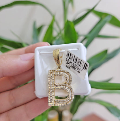 10k Gold Pendant Initial Charm Natural Diamond A - Z Alphabet Baguette & Round Dia - Reva Jeweler