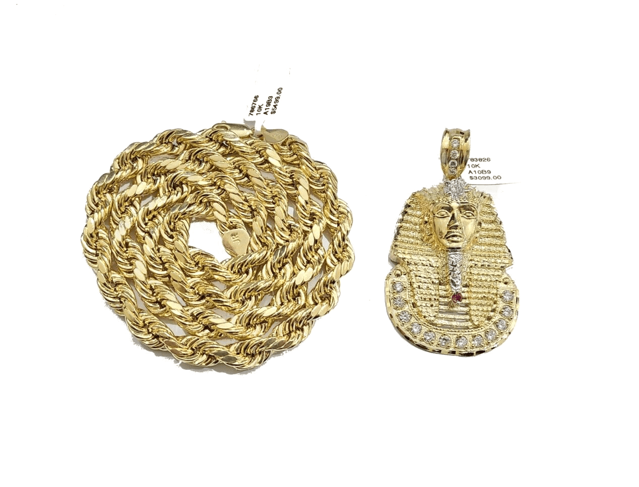 10k Gold Pharaoh Head Charm Rope Chain Necklace 8mm 22'' Set & Pendant 10kt REAL - Reva Jeweler