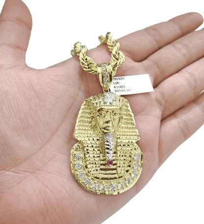 10k Gold Pharaoh Head Charm Rope Chain Necklace 8mm 22'' Set & Pendant 10kt REAL - Reva Jeweler