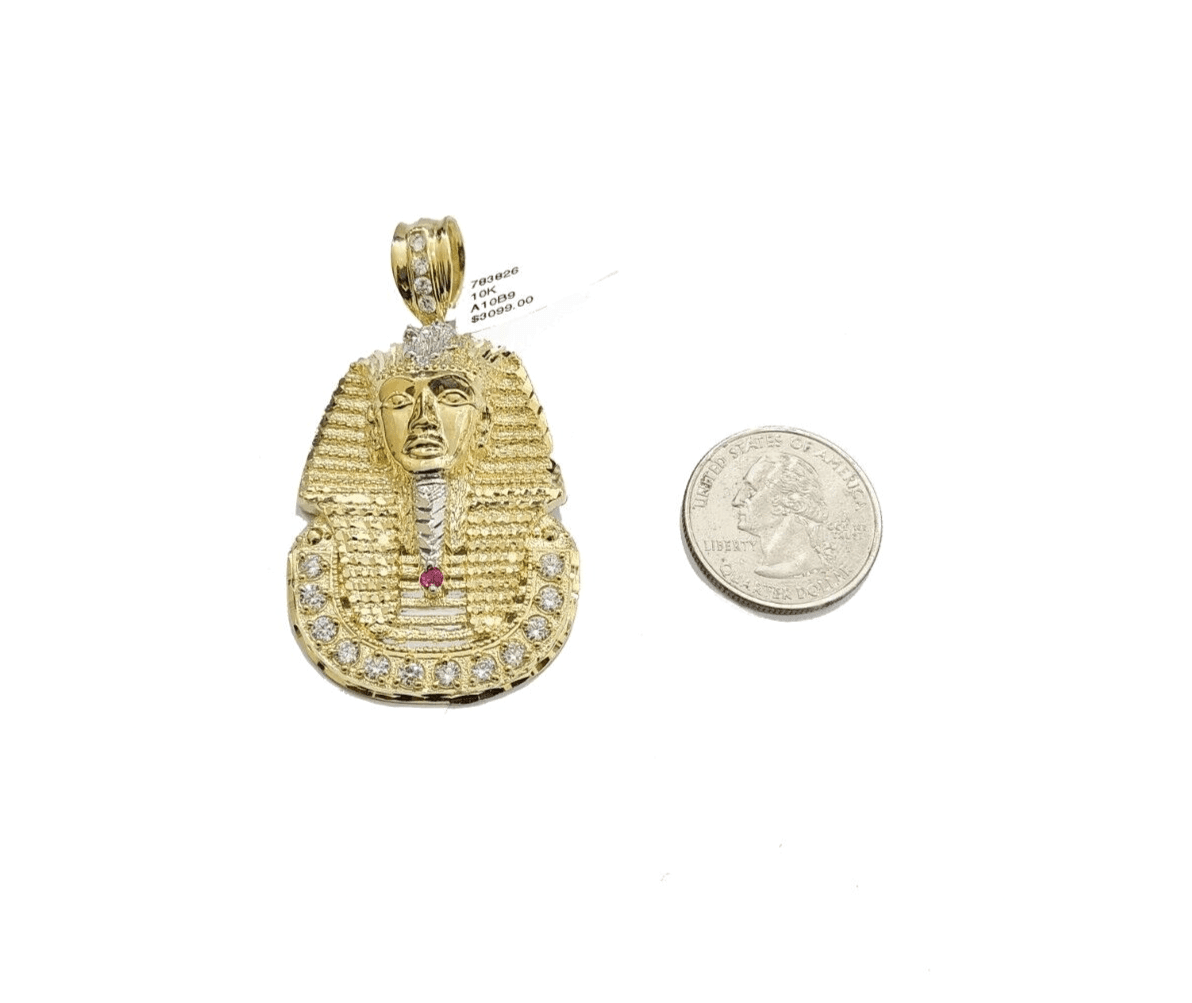 10k Gold Pharaoh Head Charm Rope Chain Necklace 8mm 22'' Set & Pendant 10kt REAL - Reva Jeweler