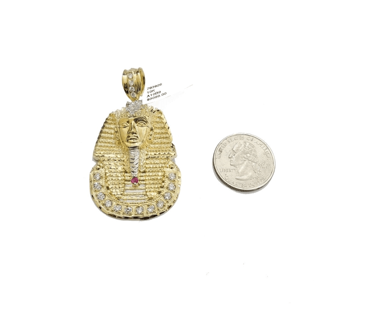 10k Gold Pharaoh Head Charm Rope Chain Necklace 8mm 24'' Set & Pendant 10kt REAL - Reva Jeweler