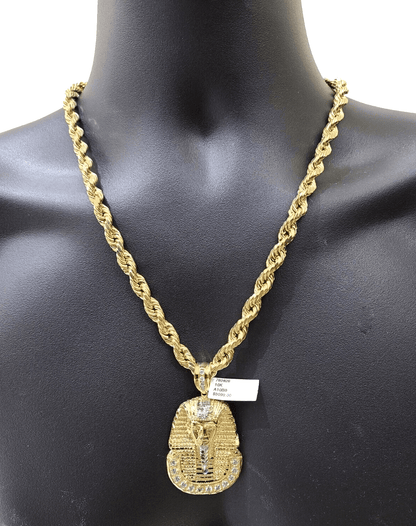 10k Gold Pharaoh Head Charm Rope Chain Necklace 8mm 24'' Set & Pendant 10kt REAL - Reva Jeweler