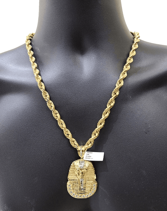 10k Gold Pharaoh Head Charm Rope Chain Necklace 8mm 24'' Set & Pendant 10kt REAL - Reva Jeweler