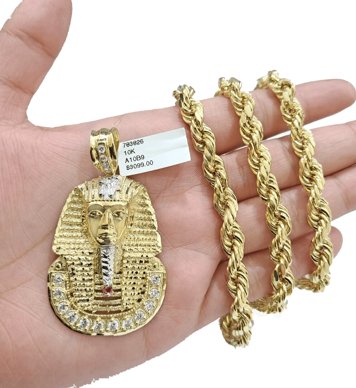10k Gold Pharaoh Head Charm Rope Chain Necklace 8mm 24'' Set & Pendant 10kt REAL - Reva Jeweler