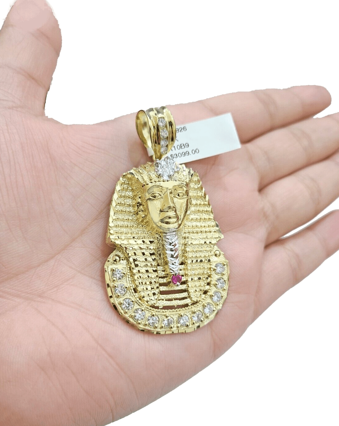 10k Gold Pharaoh Head Charm Rope Chain Necklace 8mm 24'' Set & Pendant 10kt REAL - Reva Jeweler
