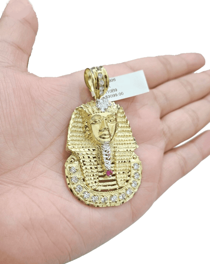10k Gold Pharaoh Head Charm Rope Chain Necklace 8mm 24'' Set & Pendant 10kt REAL - Reva Jeweler