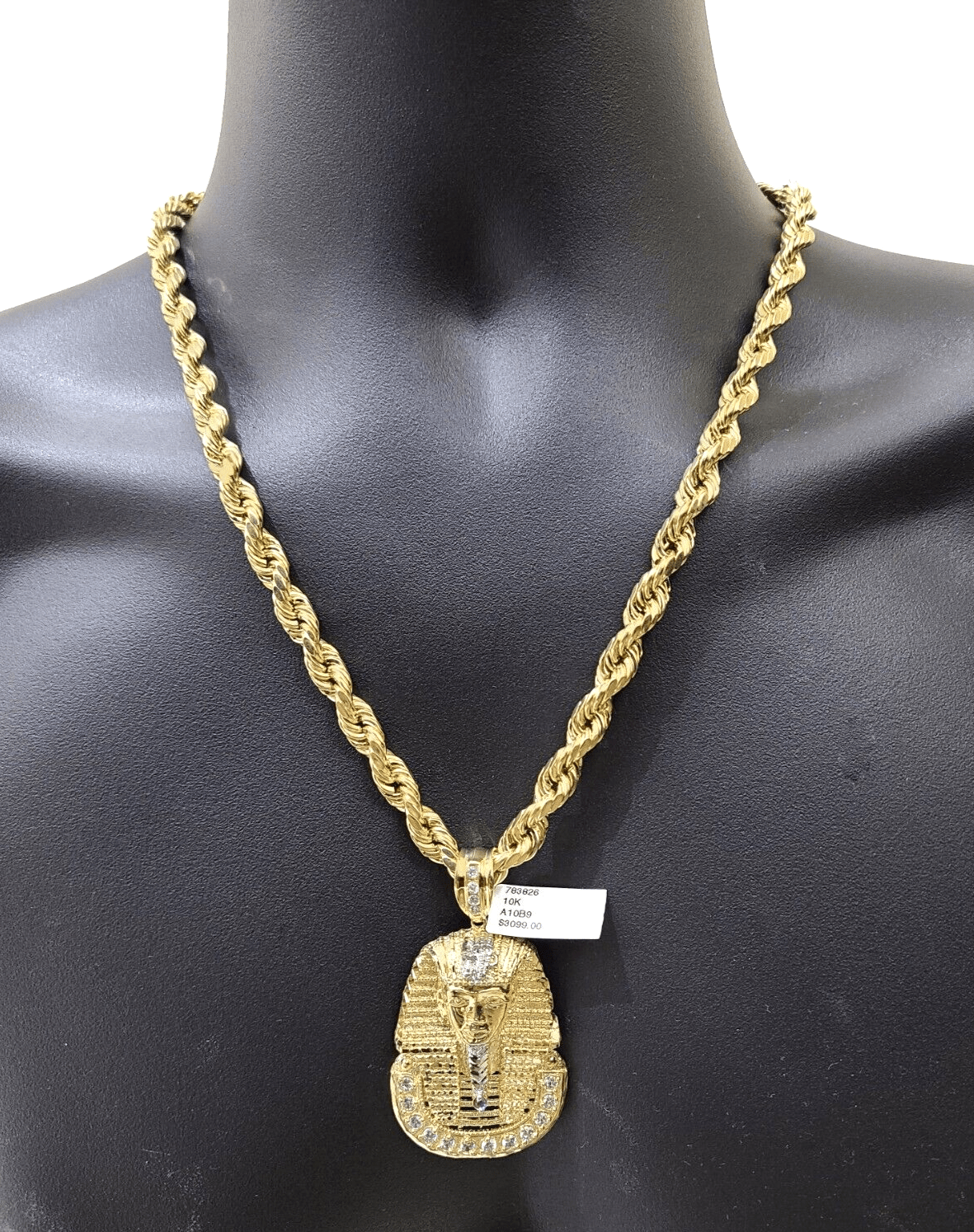 10k Gold Pharaoh Head Charm Rope Chain Necklace 8mm 26'' Set & Pendant 10kt REAL - Reva Jeweler