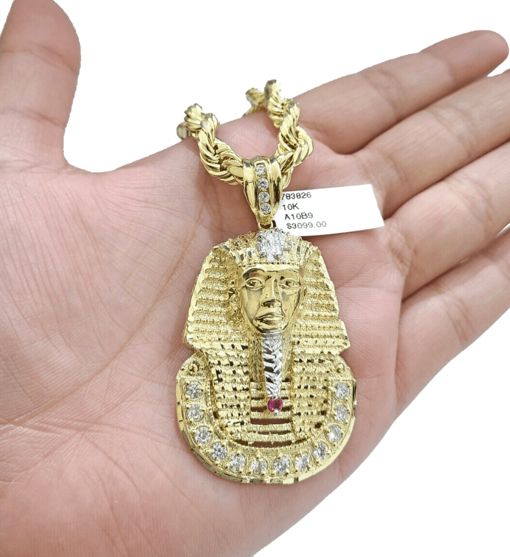 10k Gold Pharaoh Head Charm Rope Chain Necklace 8mm 28'' Set & Pendant 10kt REAL - Reva Jeweler