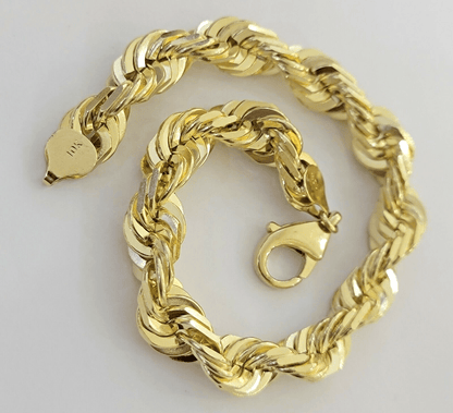 10k Gold Rope Bracelet 9 Inch 10mm Diamond Cuts Real Solid Link 10KT Yellow Gold - Reva Jeweler