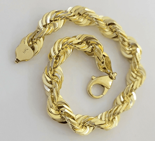 10k Gold Rope Bracelet 9 Inch 10mm Diamond Cuts Real Solid Link 10KT Yellow Gold - Reva Jeweler