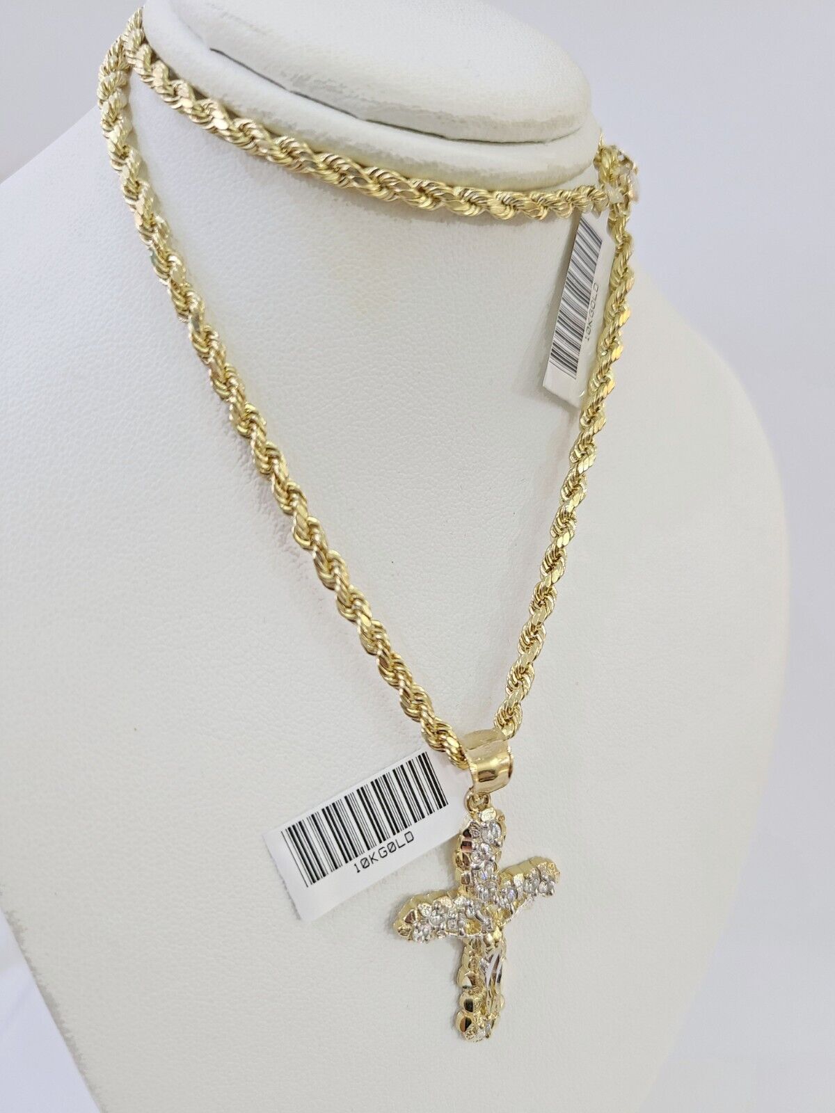 10K Gold Rope Chain 3mm Length 18" 20" 22" 24" 26" 28" 30" & Cross Charm - Reva Jeweler