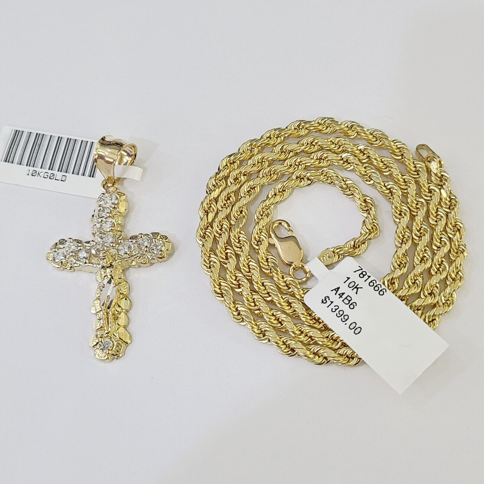 10K Gold Rope Chain 3mm Length 18" 20" 22" 24" 26" 28" 30" & Cross Charm - Reva Jeweler