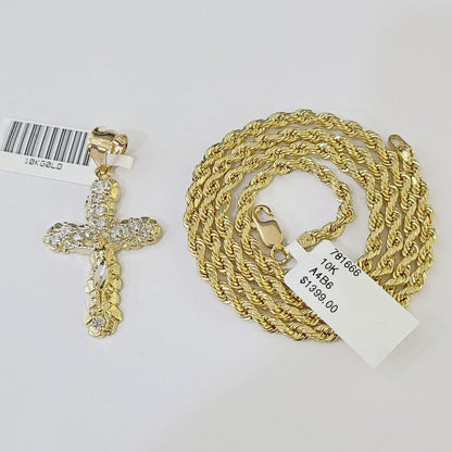 10K Gold Rope Chain 3mm Length 18" 20" 22" 24" 26" 28" 30" & Cross Charm - Reva Jeweler