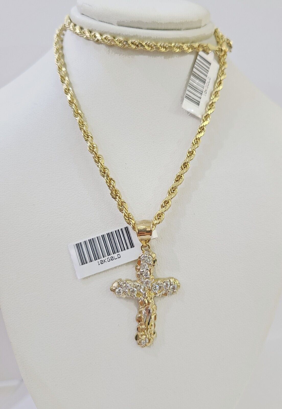 10K Gold Rope Chain 3mm Length 18" 20" 22" 24" 26" 28" 30" & Cross Charm - Reva Jeweler