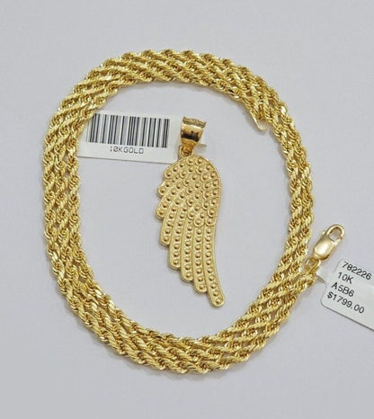 10k Gold Rope Chain Angel Wing Charm Pendant Set 18 - 28'' Inch 3mm Necklace REAL - Reva Jeweler