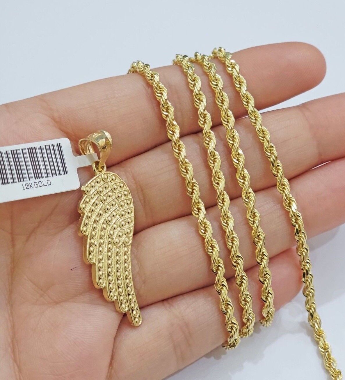 10k Gold Rope Chain Angel Wing Charm Pendant Set 18 - 28'' Inch 3mm Necklace REAL - Reva Jeweler