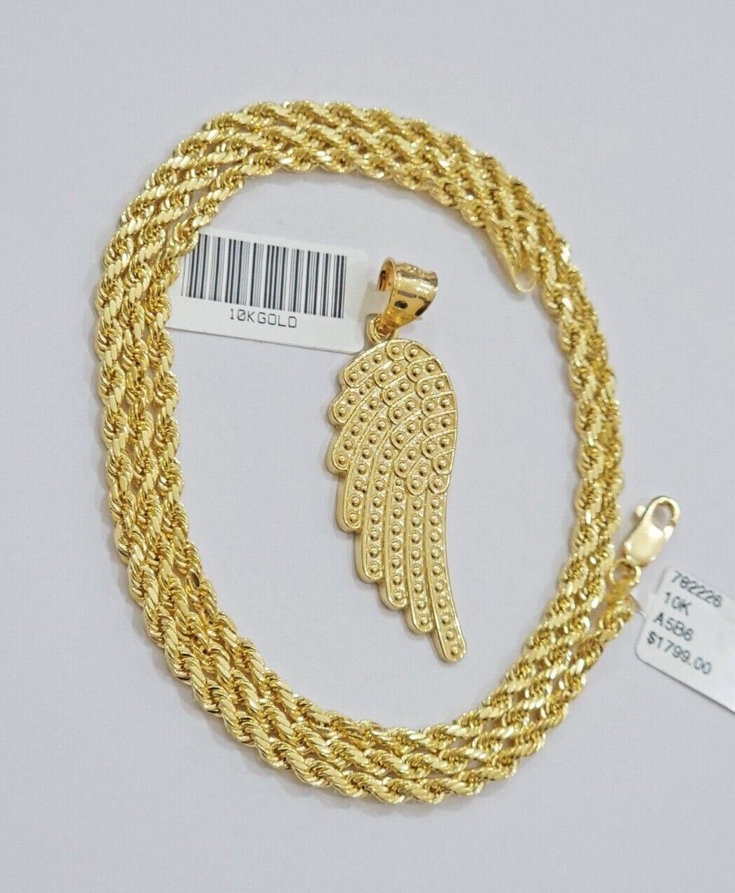 10k Gold Rope Chain Angel Wing Charm Pendant Set 18 - 28'' Inch 3mm Necklace REAL - Reva Jeweler