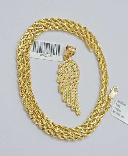 10k Gold Rope Chain Angel Wing Charm Pendant Set 18 - 28'' Inch 3mm Necklace REAL - Reva Jeweler