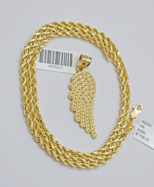 10k Gold Rope Chain Angel Wing Charm Pendant Set 18 - 28'' Inch 3mm Necklace REAL - Reva Jeweler