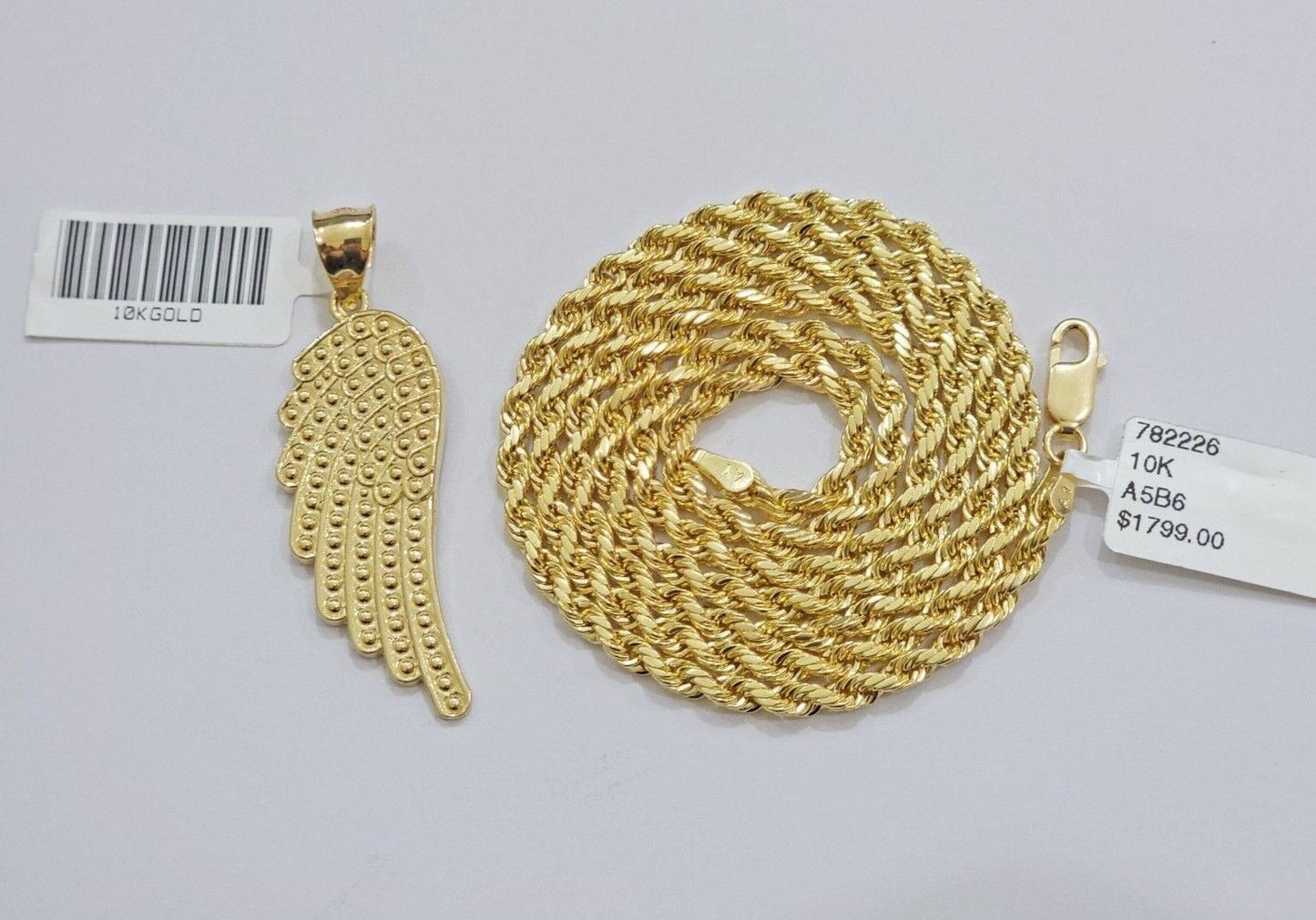 10k Gold Rope Chain Angel Wing Charm Pendant Set 22" Inch 3mm Necklace REAL SALE - Reva Jeweler