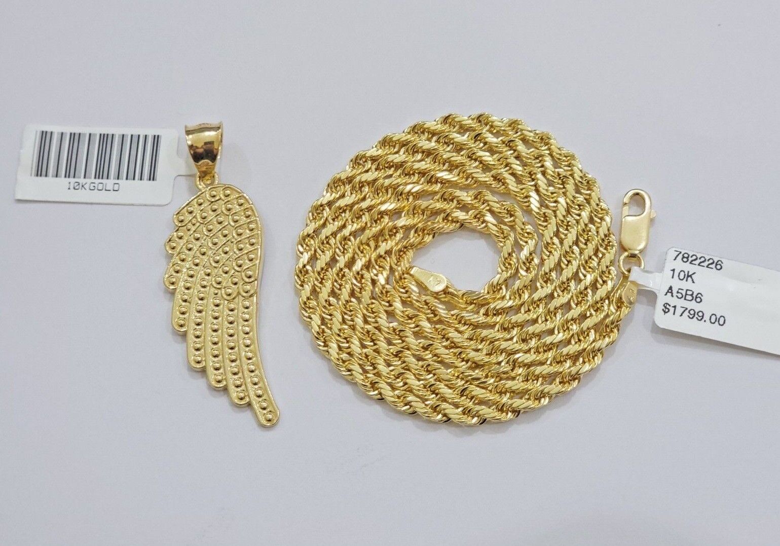 10k Gold Rope Chain Angel Wing Charm Pendant Set 22" Inch 3mm Necklace REAL SALE - Reva Jeweler