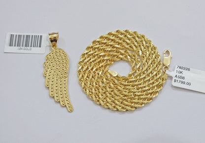 10k Gold Rope Chain Angel Wing Charm Pendant Set 22" Inch 3mm Necklace REAL SALE - Reva Jeweler