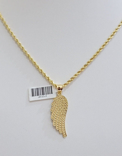 10k Gold Rope Chain Angel Wing Charm Pendant Set 22" Inch 3mm Necklace REAL SALE - Reva Jeweler