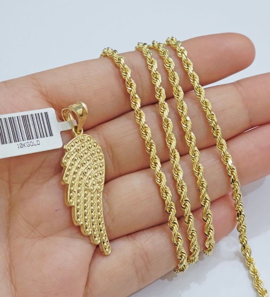 10k Gold Rope Chain Angel Wing Charm Pendant Set 22" Inch 3mm Necklace REAL SALE - Reva Jeweler