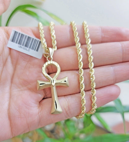 10k Gold Rope Chain Ankh Cross Charm Pendant Set 18" - 28" inch 3mm Necklace, REAL - Reva Jeweler