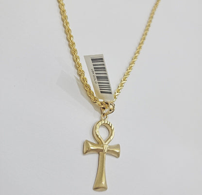 10k Gold Rope Chain Ankh Cross Charm Pendant Set 18" - 28" inch 3mm Necklace, REAL - Reva Jeweler