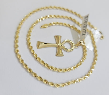 10k Gold Rope Chain Ankh Cross Charm Pendant Set 18" - 28" inch 3mm Necklace, REAL - Reva Jeweler