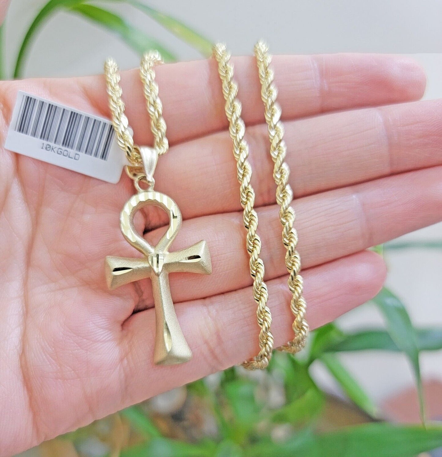 10k Gold Rope Chain Ankh Cross Charm Pendant Set 18" - 28" inch 3mm Necklace, REAL - Reva Jeweler