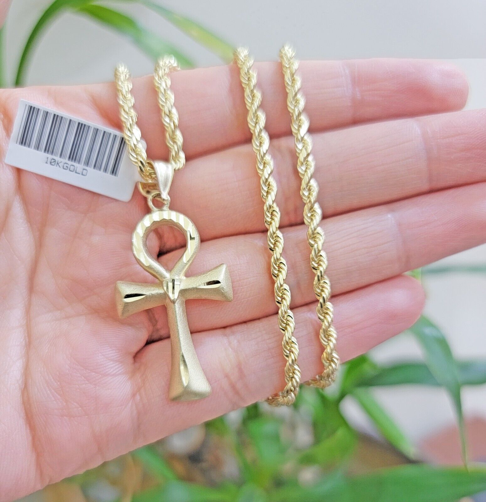 10k Gold Rope Chain Ankh Cross Charm Pendant Set 18" - 28" inch 3mm Necklace, REAL - Reva Jeweler