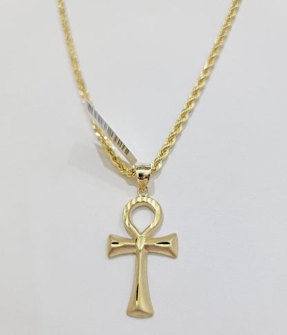 10k Gold Rope Chain Ankh Cross Charm Pendant Set 18" - 28" inch 3mm Necklace, REAL - Reva Jeweler