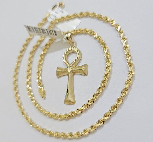 10k Gold Rope Chain Ankh Cross Charm Pendant Set 18" Inch 3mm Necklace, REAL SET - Reva Jeweler