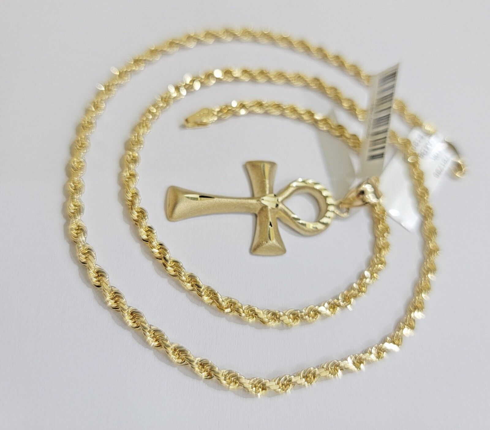 10k Gold Rope Chain Ankh Cross Charm Pendant Set 18" Inch 3mm Necklace, REAL SET - Reva Jeweler