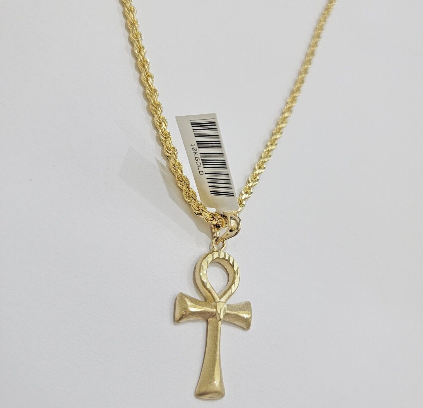 10k Gold Rope Chain Ankh Cross Charm Pendant Set 18" Inch 3mm Necklace, REAL SET - Reva Jeweler