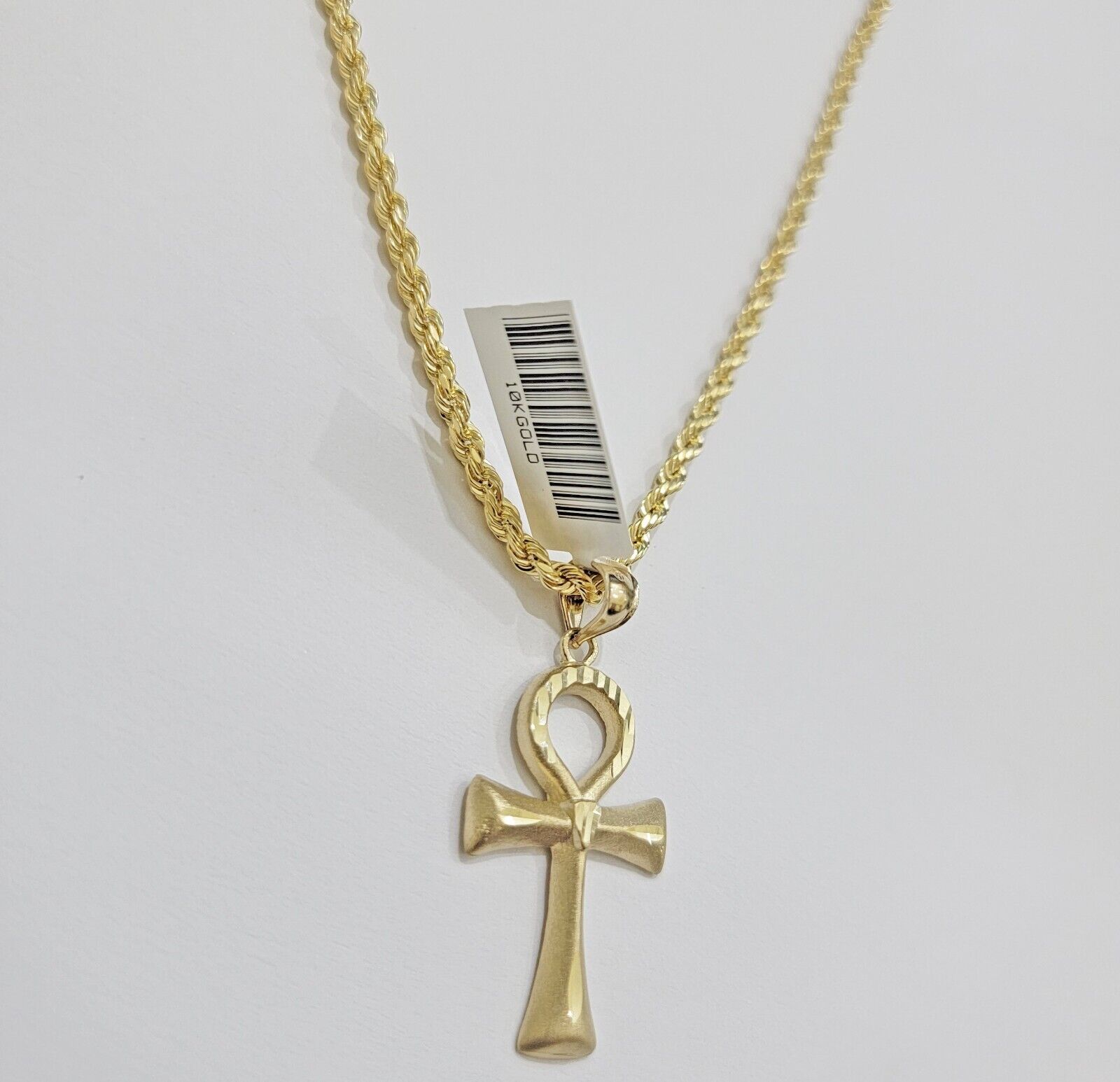 10k Gold Rope Chain Ankh Cross Charm Pendant Set 18" Inch 3mm Necklace, REAL SET - Reva Jeweler