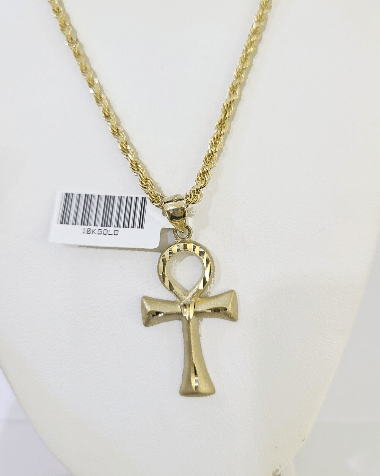 10k Gold Rope Chain & Ankh Cross Charm Pendent SET 3mm 20Inches Necklace - Reva Jeweler