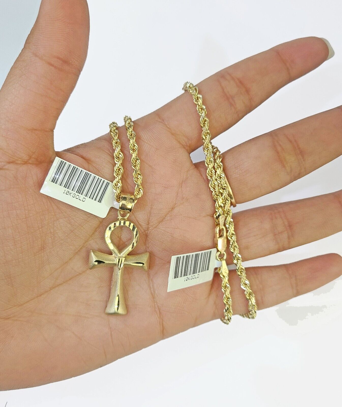 10k Gold Rope Chain & Ankh Cross Charm Pendent SET 3mm 20Inches Necklace - Reva Jeweler