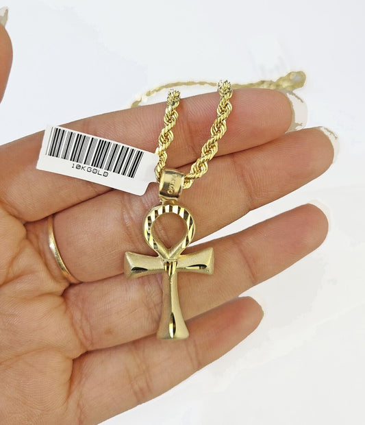10k Gold Rope Chain & Ankh Cross Charm Pendent SET 3mm 22Inches Necklace - Reva Jeweler