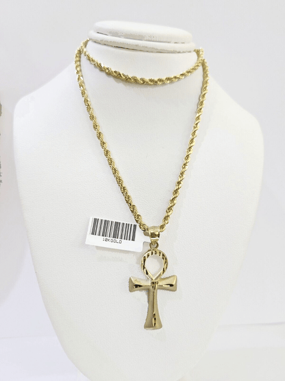 10k Gold Rope Chain & Ankh Cross Charm Pendent SET 3mm 22Inches Necklace - Reva Jeweler