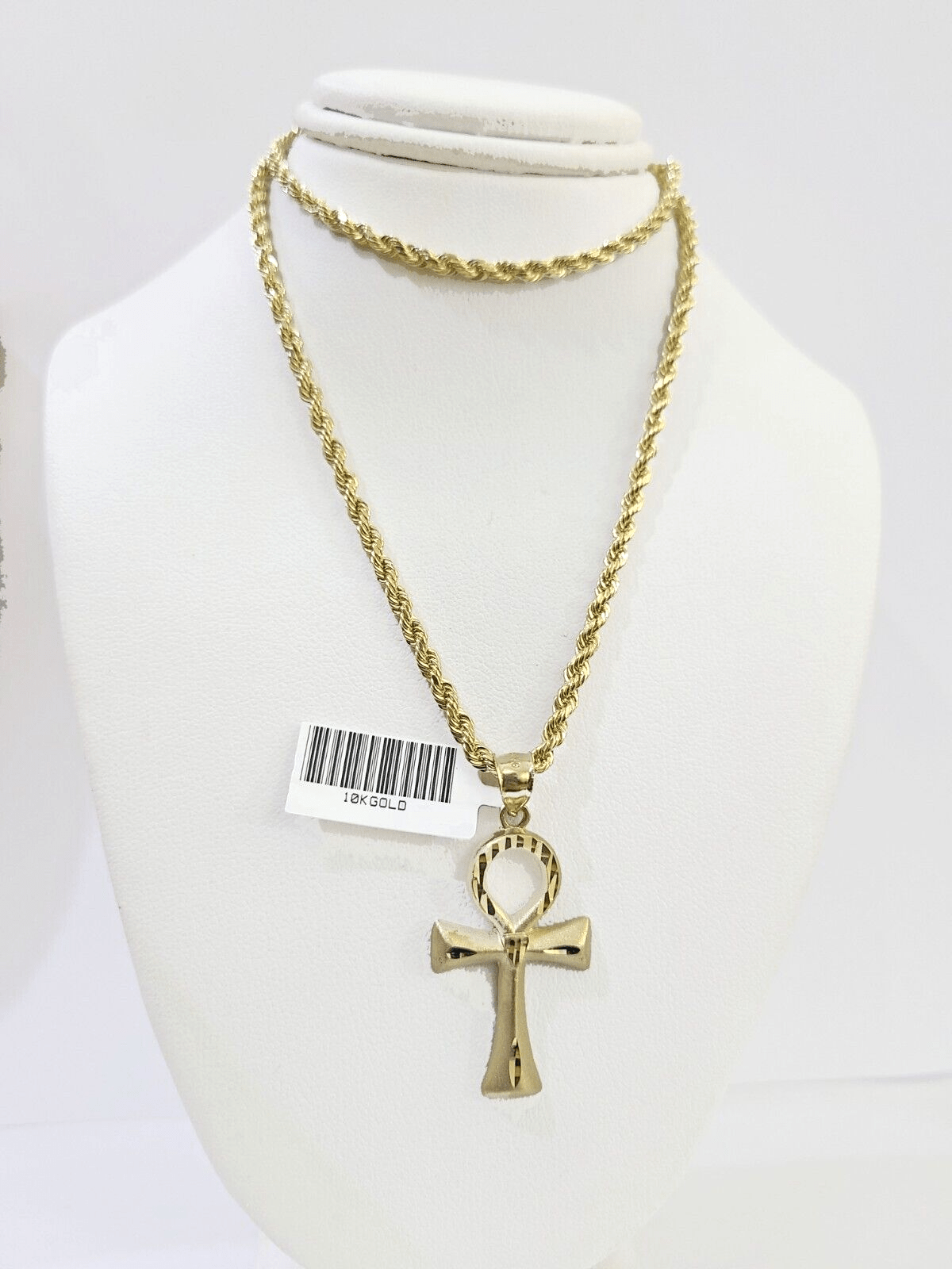 10k Gold Rope Chain & Ankh Cross Charm Pendent SET 3mm 26Inches Necklace - Reva Jeweler