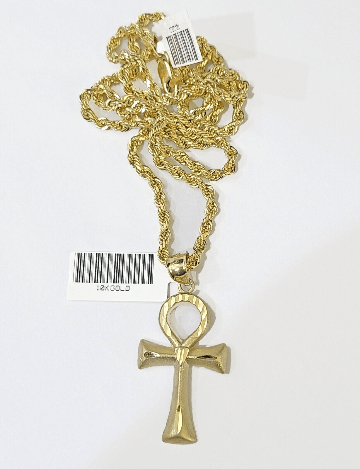 10k Gold Rope Chain & Ankh Cross Charm Pendent SET 3mm 26Inches Necklace - Reva Jeweler