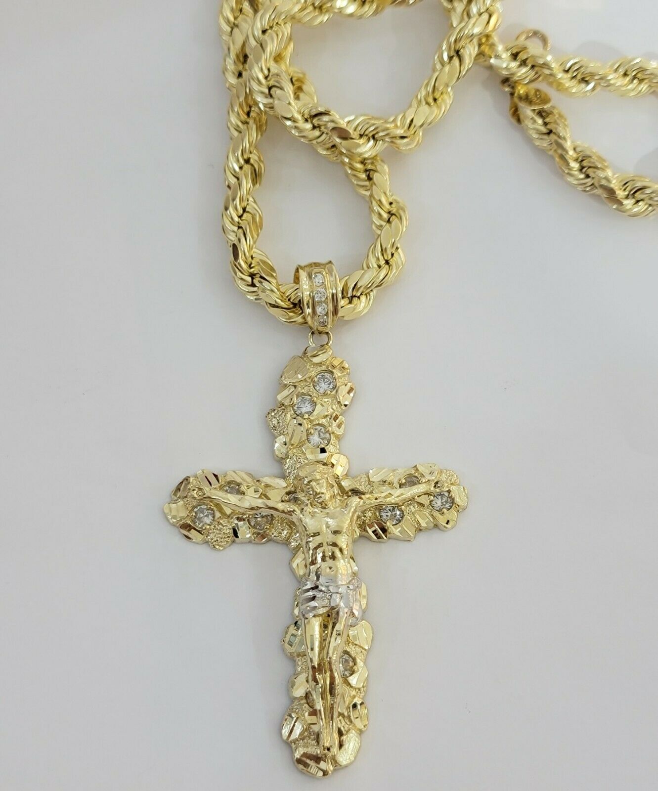 10k Gold Rope Chain & Cross Charm Pendant Mens 10kt Yellow Gold 8mm 24" Necklace - Reva Jeweler
