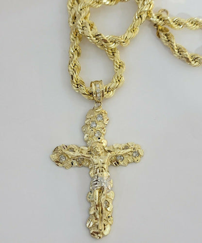 10k Gold Rope Chain & Cross Charm Pendant Mens 10kt Yellow Gold 8mm 24" Necklace - Reva Jeweler