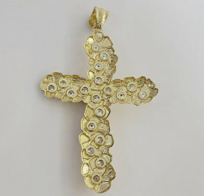 10k Gold Rope Chain & Cross Charm Pendant Mens 10kt Yellow Gold 8mm 24" Necklace - Reva Jeweler