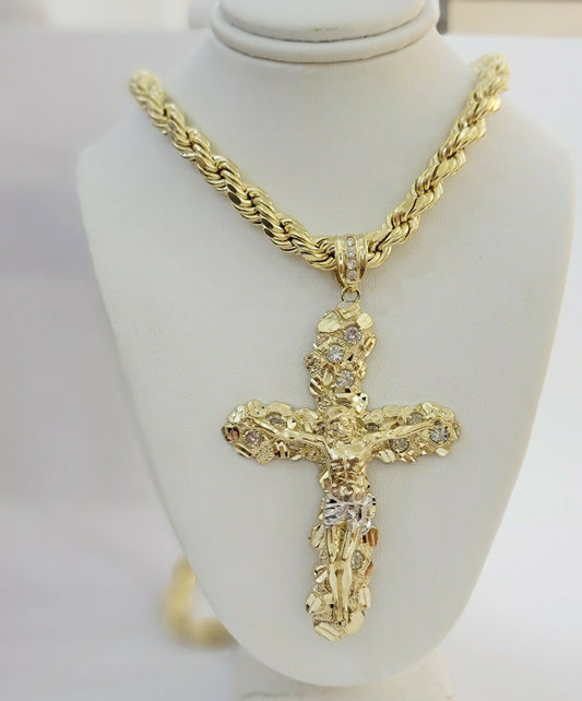 10k Gold Rope Chain & Cross Charm Pendant Mens 10kt Yellow Gold 8mm 26" Necklace - Reva Jeweler