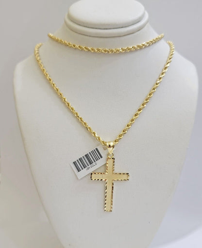 10k Gold Rope Chain Cross Charm Pendant Set 18" - 28" inch 3mm Necklace, REAL 10KT - Reva Jeweler