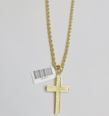 10k Gold Rope Chain Cross Charm Pendant Set 18" - 28" inch 3mm Necklace, REAL 10KT - Reva Jeweler